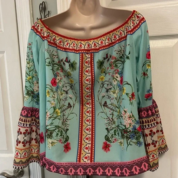 Umgee Floral Boho Blouse Off the Shoulder Small Mixed Print Womens Gypsy Top - Picture 4 of 9